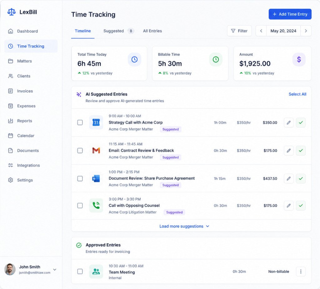 LexBill AI time tracking with suggested billable entries