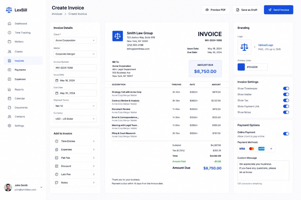 LexBill invoice generator with live preview, branding, and payment options